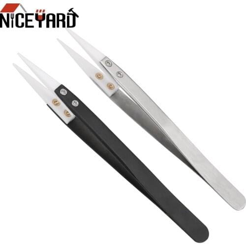 NICEYARD Precision Ceramic Tips Tweezers Anti-static Straight Aimed Tweezers Stainless Steel Handle High Temperature Resistant