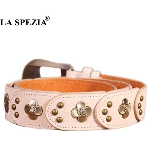 LA SPEZIA Belt Women Designer Pin Buckle Leather Belt With Rhinestones Female Beige Genuine Leather Pigskin Ladies Rivet Belts