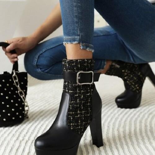 IPPEUM Boots Female Women Shoes Autumn Winter New Style Round Toe Buckle High Thick Heel Womens Fashion Boots Женские сапоги