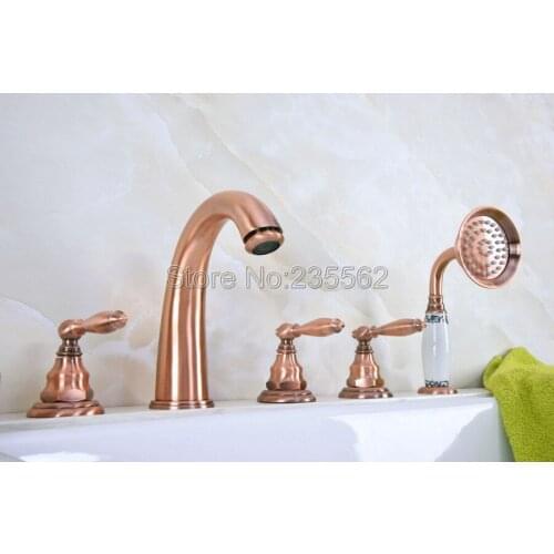 Bathroom Antique Red Copper 5pcs Basin Bath Tub Mixer Taps 3 Handles Faucet Set &Hand Shower Ltf236