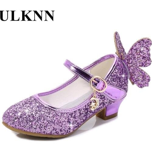 ULKNN Kids dance shoes Princess Kids Leather Shoes for Girls Flower Casual Glitter Children High Heel Girls Shoes Butterfly Knot