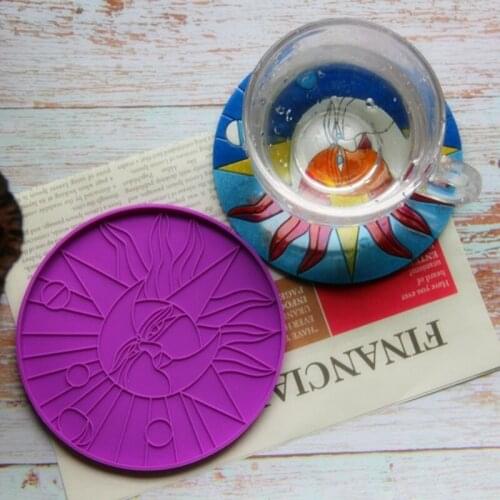 U90E Crescent Moon and Sun Coaster Resin Mold Line Art Decorative Plate Resin Mold Sun with Star Face Tea Mat Silicone Molds