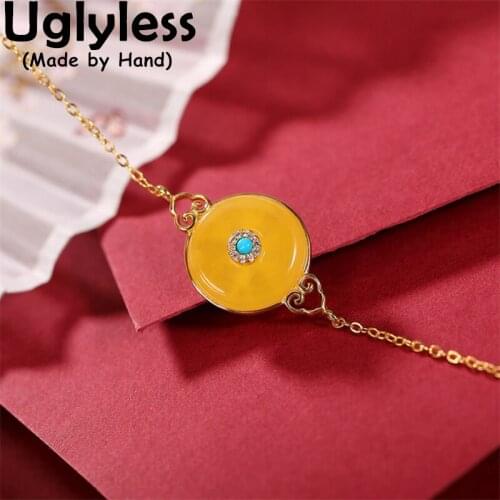 Uglyless Eastern Chic Peace Button Emerald Bracelets for Women Gold 925 Silver Thin Chains Bracelets Turquoise Ethnic Jewelry