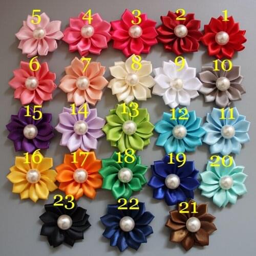 2'' Headwear Decoration Flower Satin Ribbon Pearl Appliques Headband DIY Craft For Kids Hair Accessories