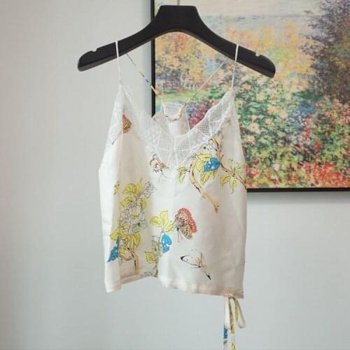 Yellow floral print Silk Camisole Lace tops Trimed V-neck Thin Strappy Fashion tops woman 2020 new