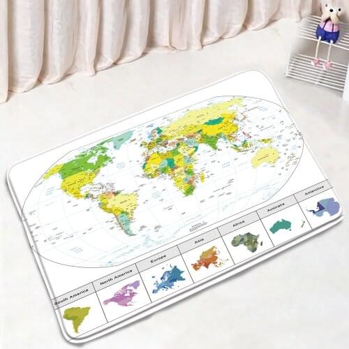 Yellow-Green World Map Bathroom Mats 3D Retro State Maps Pattern Non-Slip Rugs Flannel Home Decor Bath Kitchen Doorway Carpet