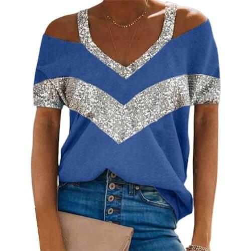 Summer Women T-shirt Plus Size Casual V Neck Sequins Patchwork Short Sleeve T shirt Cold Shoulder Loose Top Daily Wear Tees