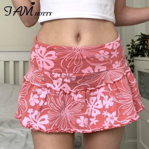 Ruffle Floral Print High-waisted Mini Skirt Women Harajuku y2k 2000s Aesthetic A-line Short Skirts Kawaii Pink Skort Iamhotty