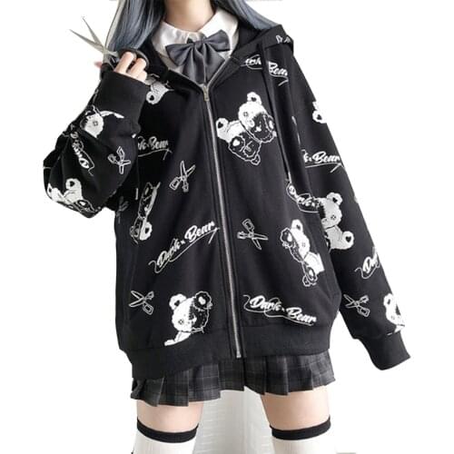 Gothic Sweatshirt Printed Womens Autumn and Winter Hoodie Korean Long Sleeve Zipper H -oodie with Velvet Thermal Pullover 2021