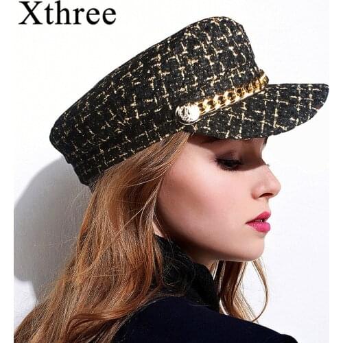 Xthree Autumn Hat Winter Chain Wool Military Hat Fashion Hats for Women Female Flat Army Cap Salior Hat Girl Visor Travel Berets