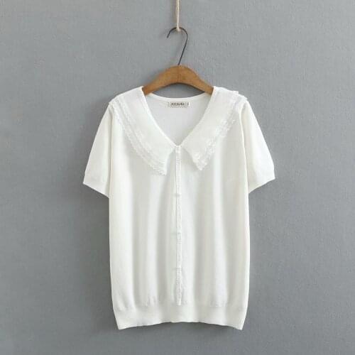 Plus size Lace collar ice silk knitted women tshirts 2021 new summer casual Short sleeve ladies t shirts female top white black