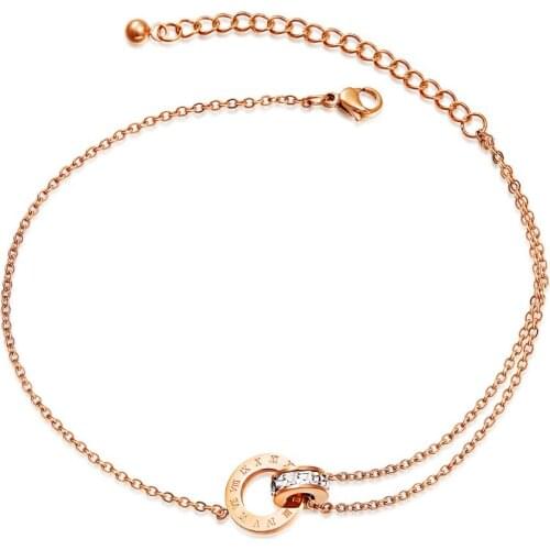 Stainless Steel Round CZ Anklets For Women Charm Rose Gold Ladies girl summer Foot Jewelry Gift Drop shipping