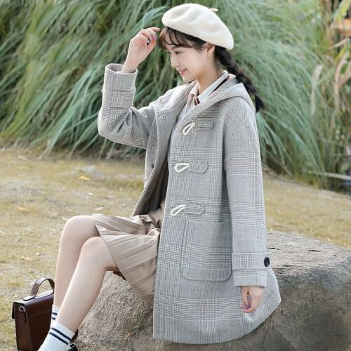 2021 new womens Woolen plaid coat Korean autumn and winter mid length button pocket hooded tweed coat