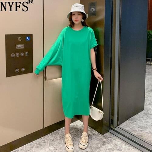 NYFS Summer Dress 2021 Europe Station New One Sleeve Straight Loose Long Dress Vestidos Robe Elbise Solid Woman Dress