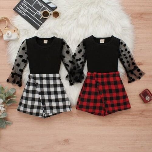 2PCS Set Infant Kids Baby Girl Dot Mesh Long Sleeve Pullover Tops Plaid Shorts Outfits Spring Autumn Clothes Sets