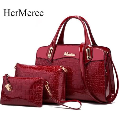 3 Pieces SetsTop Handle Bags for Women 2019 Patent Crocodile Women Shoulder Bag Female Bag Women Leather Handbags Bolsa Feminina