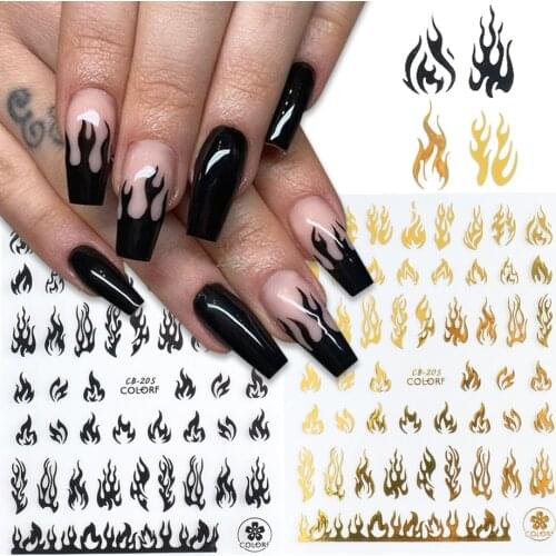 3D Flame Stickers For Nails Black White Gold Fire Nail Foils Transfer Slider Charms Manicure Nail Art Decorations Wraps LYCB205