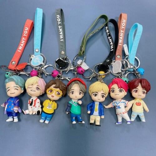 7pcs/set Bangtan Boys Anime Cartoon doll Key chain pendant hemp rope key chain decorative toys