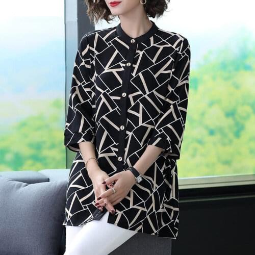Fashion Spring Autumn Women Shirts Elegant Temperament Stand-Up Collar Casual Print Blouses Ladies Loose Tops Blusas MM0856