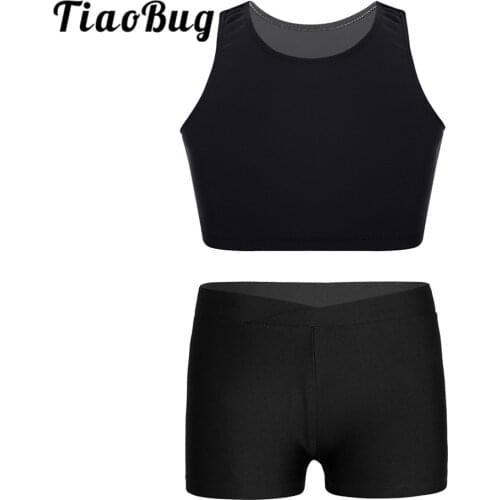 Kids Girls Solid Color Sleeveless Basic Dancewear Crop Top with Shorts for Children Ballet Gymnastics Stage Performance Workout