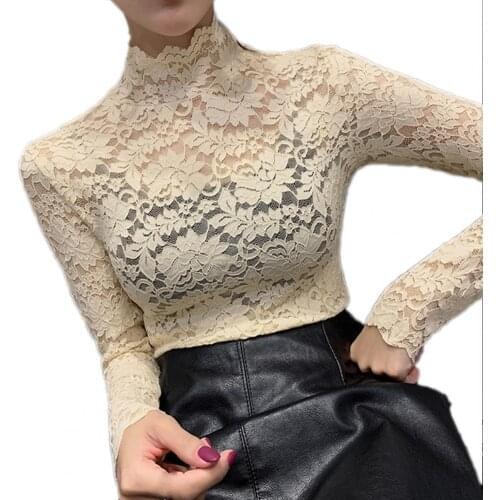 Elegant Women Turtle Neck Long Sleeve Floral Lace Blouse Top Slim Base T-shirt