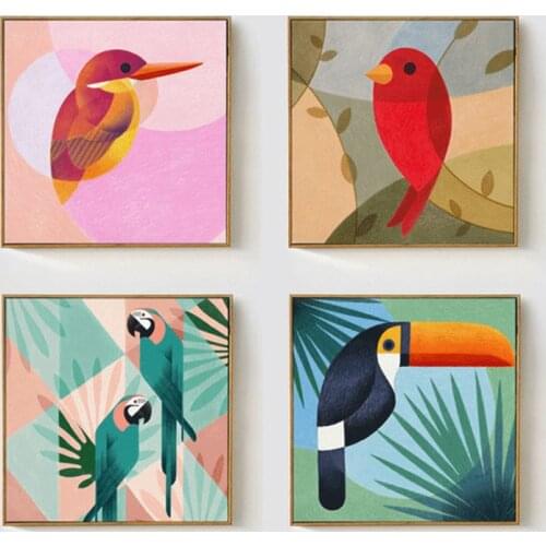 HAOCHU Geometric Abstract Hawaii Coconut Tree Toco Toucan Bird Canvas Painting Animals Wall Poster for Living Room Decoration