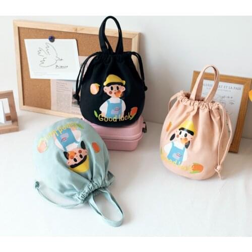 Small Canvas Drawstring Bucket Bag Women Handbag New Fashion Student Cotton Cloth Lunch Bag Cute Girl Cartoon Printing Tote Bags