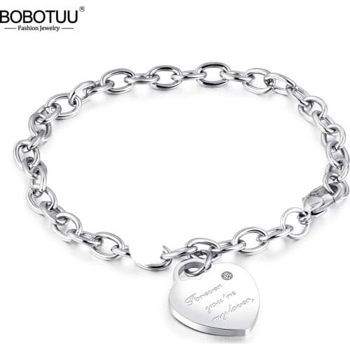 BOBOTUU Trendy Titanium Stainless Steel Heart Charm Bracelets Rose Gold Color Female Models Love Chain & Link Bracelets BB18195