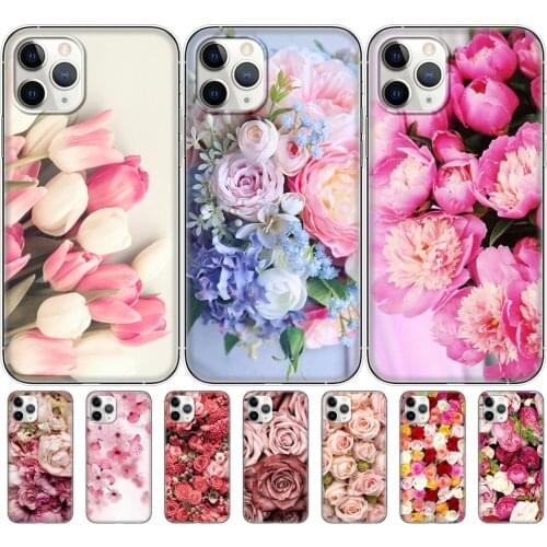 Soft Silicone Cover Phone Case For iphone 11 pro max XS XR 4 4S SE 2020 coque etui bumper back cover Colorful Flower Rose Peony