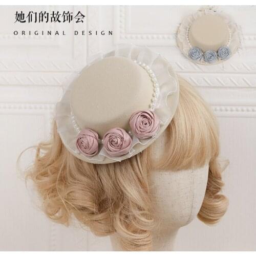 Lolita Gentle Lace Bowknot Pearl Rose Flower Mini Flat hat Hair Clip Elegant Summer All-match Top Hat French Side Clip Headwear