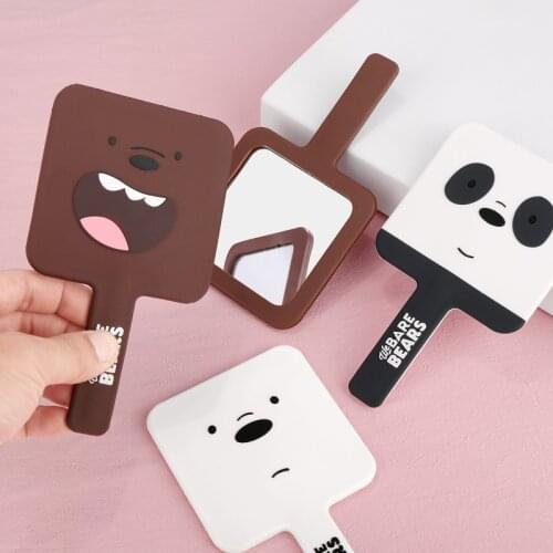 2021 New Cartoon Bears Hold Straight Handle Cosmetic Mirror Square Cute Cosmetic Mirror Portable Panda Bear Theme Makeup Mirror