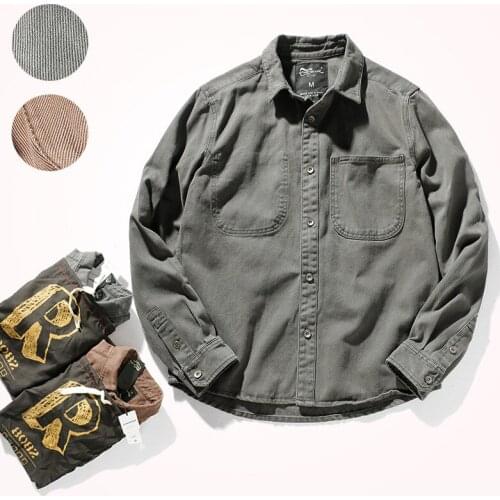 2021 Autumn New American Casual Thick Denim Shirt Mens Fashion Simple Long Sleeved Lapel Loose Tooling Washed Old Jacket Tops