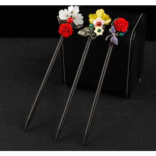 Handmade Chinese Ebony Tweezers Hair Clothing Accessories EDC Self Defense Headdress Safety for Women Anti-wolf Shoft Wood Stick