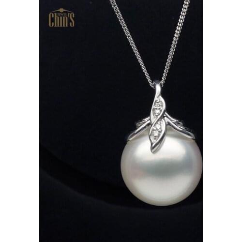 Free Shipping AAA 16-16.5mm White Genuine South Sea Pearl Diamond Pendant 18K Solid White Gold