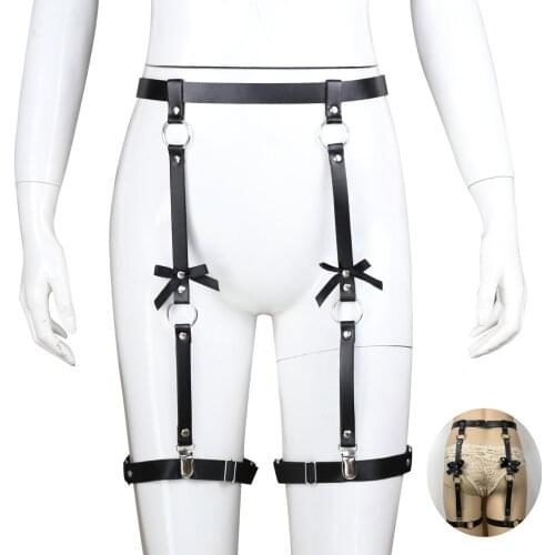 Exotic Handmade Female Harajuku Punk Rock Goth Bow Garter Leg Belts With Leather Leg Harness Strap And Metal Ring For Sexy Women