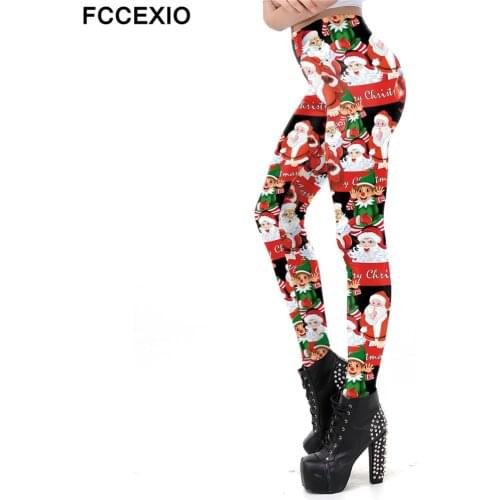 FCCEXIO Christmas Leggings Women Santa Claus Leggins Festival Pants Bell House Pocket Xmas Gift Autumn Winter Legging Plus Size