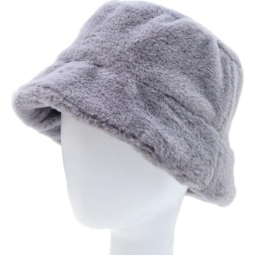Hats Winter Women Solid Color Flat Top Wide Brim Warm Plush Fisherman Hat Bucket Cap