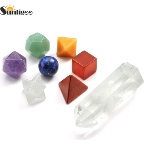 Sunligoo Healing Reiki 7 Chakra Crystal Plantonic Solids Geometry Clear Quartz Stone Polishing Tumbled Stone Set Home Decoration