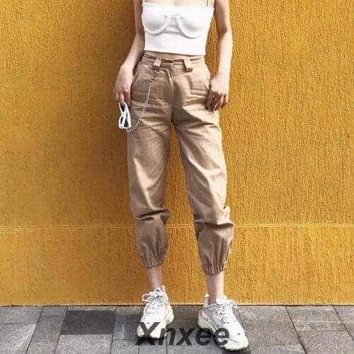 Spring vintage chain black cargo pants women high waist pants joggers baggy trousers women streetwear plus size Xnxee