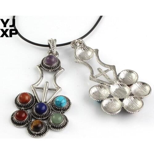 YJXP Unique Design Vintage Style Silver Plated 7 Chakra Round Beads Yoga Life Reiki Spiritual Healing Amulet Stone Pendant