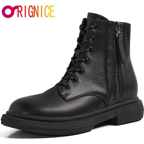 Orignice High Quality Genuine Leather Women Ankle Boots New Leisure Comfortable Low Heel Black Zipper Lace Up Classic Wild Shoes