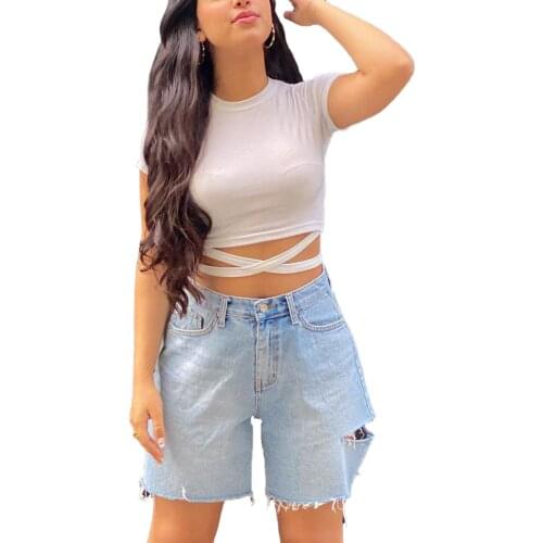 Women’s High Rise Denim Shorts, Casual Frayed Hem Washed Short Jeans with Ripped Holes