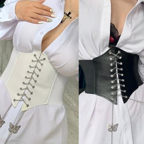 Womens Elastic Stretch Wide Band Corset Waist Belt European and American Metal Chain Fashion Slim Girdle Streetwear