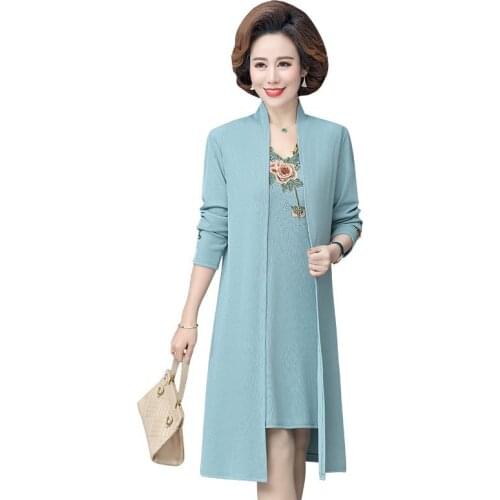 Middle-aged Female Spring and Autumn Elegant Vintage 2 Piece Dress Set embroidery Casual Cardigan Tank Tops Dress