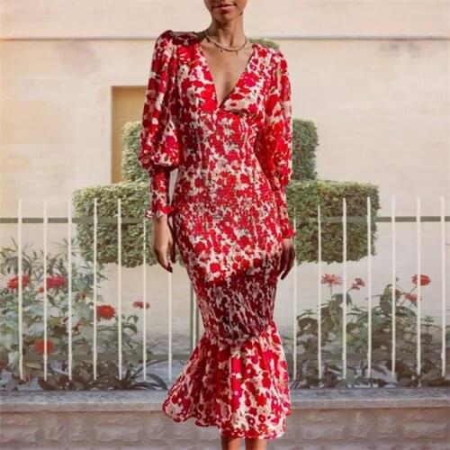 Elegant Womens Dress Spring Printed High Waist Bat Sleeve Dress Vestidos 2021 Party Club Women Clothing V-neck Long Dresses