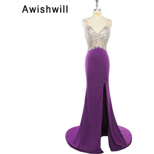 Sexy V-neck Open Back Gala Dress Beaded Front Sli Mermaid Evening Dress African Women Long Prom Dresses