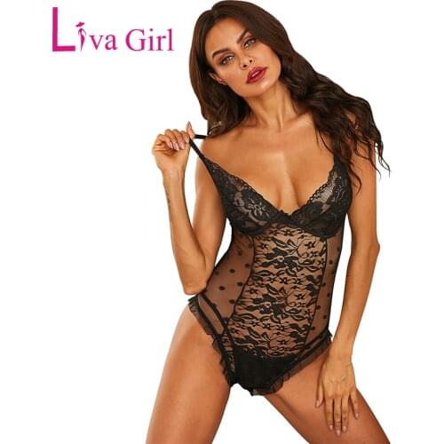 LIVA GIRL Black Ruched Dotted Print Floral Lace Bodysuit Women Sexy Sheer Mesh Bodysuits Sleeveless Jumpsuit Female Top Clothing