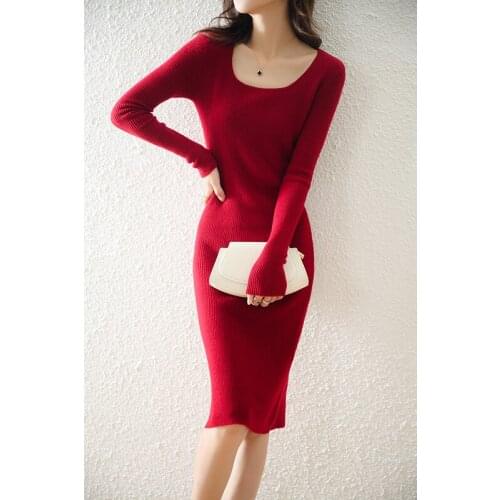 Zocept Square Collar Wrapped Knitted Dress Women Autumn Winter Warm Sheath Long Sweater Dresses 100% Merino Wool Ribbed Dresses