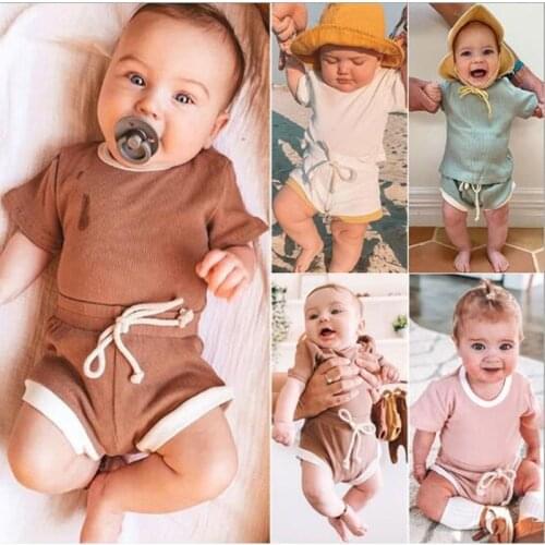 2021 Kids Tales Summer Baby Outfit Solid Ribbed Cotton Newborn Infant Boys Girls Clothing Set T-Shirt Tops+ Shorts Bloomers