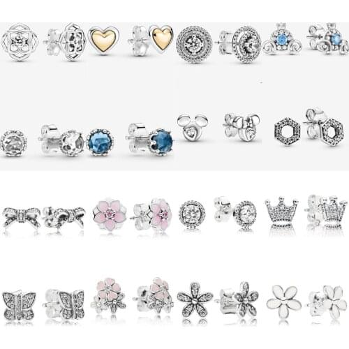 2021 New Crystal Sparkling Double Halo Crown Rose Petals Stud Earrings For Women 925 Silver Earrings DIY Fine Jewelry For Women